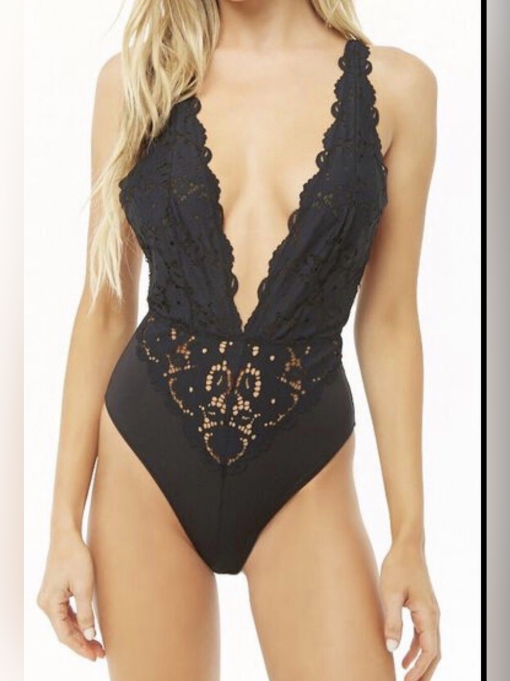 Forever 21 Black Lace Deep V One-Piece Bodysuit Lingerie - Picture 1 of 4